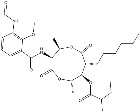 2-Methylbutanoic acid (3S,4R,7R,8R,9S)-3-[(3-formylamino-2-methoxybenzoyl)amino]-4,9-dimethyl-2,6-dioxo-7-hexyl-1,5-dioxonan-8-yl ester Structure