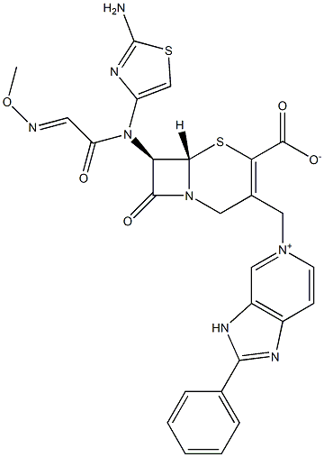 (7R)-7-[(2-Amino-4-thiazolyl)(methoxyimino)acetylamino]-3-[[2-phenyl-(3H-imidazo[4,5-c]pyridin-5-ium)-5-yl]methyl]cepham-3-ene-4-carboxylic acid 구조식 이미지