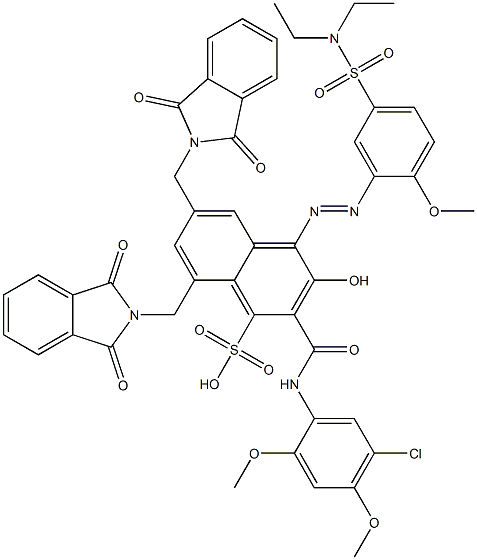 2-[(5-Chloro-2,4-dimethoxyphenyl)aminocarbonyl]-4-[5-[(diethylamino)sulfonyl]-2-methoxyphenylazo]-3-hydroxy-6,8-bis(phthalimidylmethyl)naphthalene-1-sulfonic acid 구조식 이미지