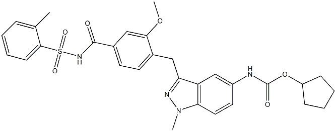 4-[5-(Cyclopentyloxycarbonylamino)-1-methyl-1H-indazol-3-ylmethyl]-3-methoxy-N-(2-methylphenylsulfonyl)benzamide 구조식 이미지