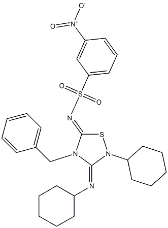 2-Cyclohexyl-3-cyclohexylimino-4-benzyl-5-(3-nitrophenyl)sulfonylimino-1,2,4-thiadiazolidine 구조식 이미지