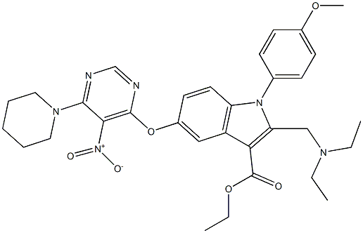 1-(4-Methoxyphenyl)-2-[(diethylamino)methyl]-5-[5-nitro-6-piperidinopyrimidin-4-yloxy]-1H-indole-3-carboxylic acid ethyl ester 구조식 이미지