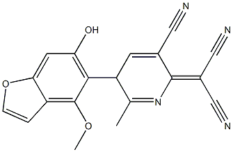 4-Methoxy-5-[[2-methyl-5-cyano-3,6-dihydro-6-(dicyanomethylene)pyridin]-3-yl]benzofuran-6-ol 구조식 이미지