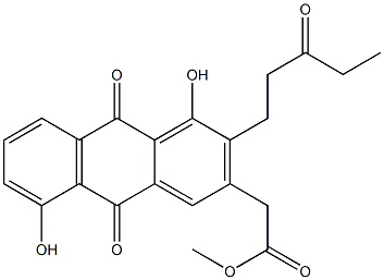 9,10-Dihydro-9,10-dioxo-1,5-dihydroxy-2-(3-oxopentyl)anthracene-3-acetic acid methyl ester 구조식 이미지