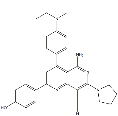 5-amino-4-(4-diethylaminophenyl)-2-(4-hydroxyphenyl)-7-(pyrrolidin-1-yl)-1,6-naphthyridine-8-carbonitrile. 구조식 이미지