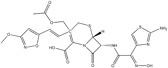 7-((2-aminothiazol-4-yl)-2-(N-hydroxyimino)acetamido)-3-((3-methoxyisoxazol-5-yl)ethenyl)cephalosporanic acid Structure