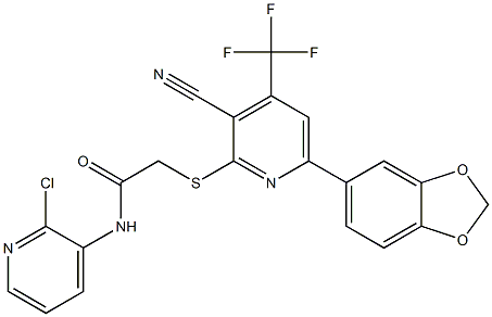 2-{[6-(1,3-benzodioxol-5-yl)-3-cyano-4-(trifluoromethyl)-2-pyridinyl]sulfanyl}-N-(2-chloro-3-pyridinyl)acetamide Structure
