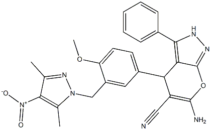 6-amino-4-{3-[(3,5-dimethyl-4-nitro-1H-pyrazol-1-yl)methyl]-4-methoxyphenyl}-3-phenyl-2,4-dihydropyrano[2,3-c]pyrazole-5-carbonitrile 구조식 이미지