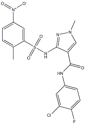 N4-(3-chloro-4-fluorophenyl)-1-methyl-3-{[(2-methyl-5-nitrophenyl)sulfonyl]amino}-1H-pyrazole-4-carboxamide 구조식 이미지