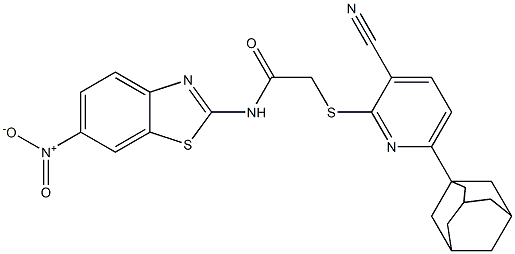 2-{[6-(1-adamantyl)-3-cyano-2-pyridinyl]sulfanyl}-N-(6-nitro-1,3-benzothiazol-2-yl)acetamide 구조식 이미지
