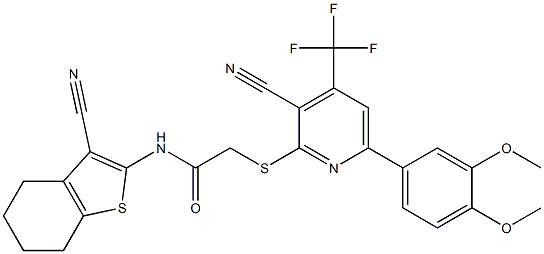 2-{[3-cyano-6-(3,4-dimethoxyphenyl)-4-(trifluoromethyl)-2-pyridinyl]sulfanyl}-N-(3-cyano-4,5,6,7-tetrahydro-1-benzothiophen-2-yl)acetamide 구조식 이미지