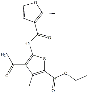 ethyl 4-(aminocarbonyl)-3-methyl-5-[(2-methyl-3-furoyl)amino]thiophene-2-carboxylate Structure
