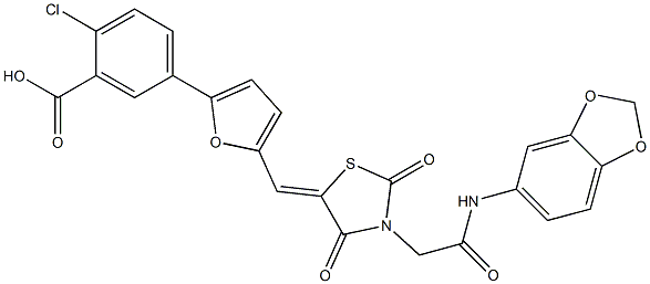 5-[5-({3-[2-(1,3-benzodioxol-5-ylamino)-2-oxoethyl]-2,4-dioxo-1,3-thiazolidin-5-ylidene}methyl)-2-furyl]-2-chlorobenzoic acid Structure