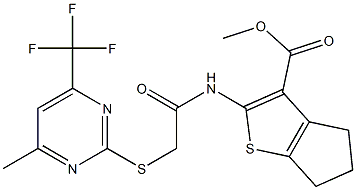 methyl 2-[({[4-methyl-6-(trifluoromethyl)-2-pyrimidinyl]sulfanyl}acetyl)amino]-5,6-dihydro-4H-cyclopenta[b]thiophene-3-carboxylate 구조식 이미지