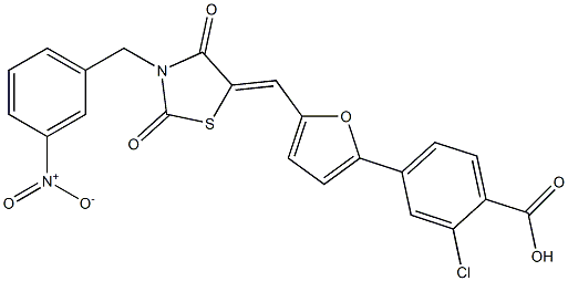 2-chloro-4-{5-[(3-{3-nitrobenzyl}-2,4-dioxo-1,3-thiazolidin-5-ylidene)methyl]-2-furyl}benzoic acid Structure