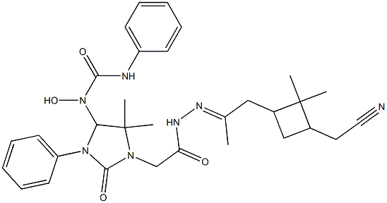 N-{1-[2-(2-{2-[3-(cyanomethyl)-2,2-dimethylcyclobutyl]-1-methylethylidene}hydrazino)-2-oxoethyl]-5,5-dimethyl-2-oxo-3-phenyl-4-imidazolidinyl}-N-hydroxy-N'-phenylurea Structure