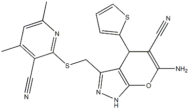 6-amino-3-{[(3-cyano-4,6-dimethyl-2-pyridinyl)sulfanyl]methyl}-4-(2-thienyl)-1,4-dihydropyrano[2,3-c]pyrazole-5-carbonitrile Structure