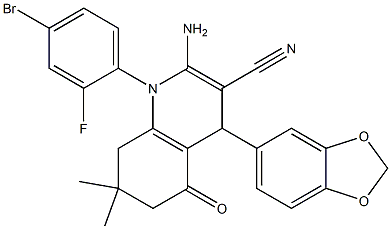 2-amino-4-(1,3-benzodioxol-5-yl)-1-(4-bromo-2-fluorophenyl)-7,7-dimethyl-5-oxo-1,4,5,6,7,8-hexahydro-3-quinolinecarbonitrile 구조식 이미지