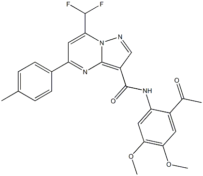 N-(2-acetyl-4,5-dimethoxyphenyl)-7-(difluoromethyl)-5-(4-methylphenyl)pyrazolo[1,5-a]pyrimidine-3-carboxamide 구조식 이미지