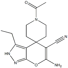 1'-acetyl-6-amino-5-cyano-3-ethyl-2,4-dihydrospiro(pyrano[2,3-c]pyrazole-4,4'-piperidine) Structure