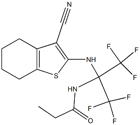 N-[1-[(3-cyano-4,5,6,7-tetrahydro-1-benzothiophen-2-yl)amino]-2,2,2-trifluoro-1-(trifluoromethyl)ethyl]propanamide 구조식 이미지