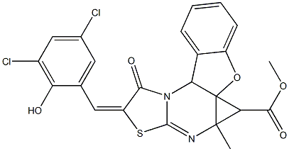 methyl 9-(3,5-dichloro-2-hydroxybenzylidene)-6a-methyl-10-oxo-6,6a,9,10-tetrahydro-11aH-[1]benzofuro[2,3-e]cyclopropa[d][1,3]thiazolo[3,2-a]pyrimidine-6-carboxylate 구조식 이미지
