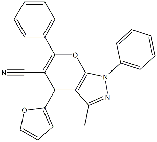 4-(2-furyl)-3-methyl-1,6-diphenyl-1,4-dihydropyrano[2,3-c]pyrazole-5-carbonitrile 구조식 이미지