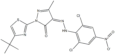 1-[4-(tert-butyl)-1,3-thiazol-2-yl]-3-methyl-1H-pyrazole-4,5-dione 4-[N-(2,6-dichloro-4-nitrophenyl)hydrazone] Structure