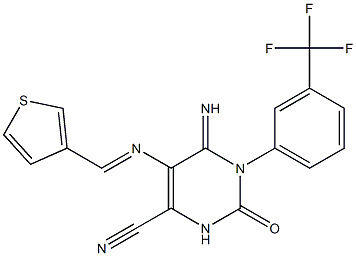 6-imino-2-oxo-5-{[(E)-3-thienylmethylidene]amino}-1-[3-(trifluoromethyl)phenyl]-1,2,3,6-tetrahydro-4-pyrimidinecarbonitrile Structure