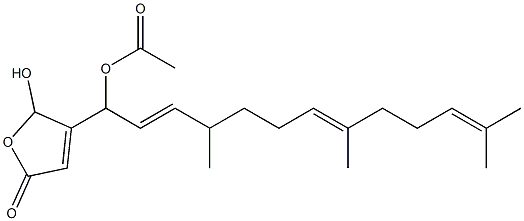 Acetic acid 1-[(2,5-dihydro-2-hydroxy-5-oxofuran)-3-yl]-4,8,12-trimethyl-2,7,11-tridecatrienyl ester 구조식 이미지