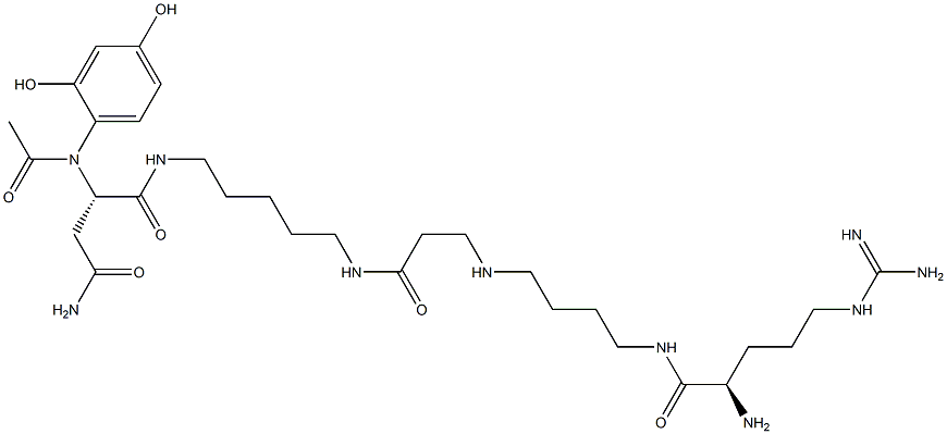 (2S)-N1-[(17R)-17-Amino-21-amidino-7,16-dioxo-6,10,15,21-tetraazahenicosan-1-yl]-2-[(2,4-dihydroxyphenyl)acetylamino]succinamide 구조식 이미지