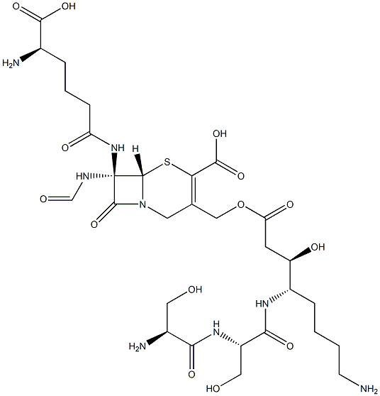 (7R)-7-[[(R)-5-Amino-5-carboxy-1-oxopentyl]amino]-3-[[[(3R,4S)-8-amino-3-hydroxy-1-oxo-4-[[(S)-3-hydroxy-2-(L-serylamino)propionyl]amino]octyl]oxy]methyl]-7-(formylamino)cepham-3-ene-4-carboxylic acid 구조식 이미지