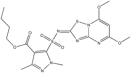 1,3-Dimethyl-5-[(5,7-dimethoxy-2H-[1,2,4]thiadiazolo[2,3-a]pyrimidin-2-ylidene)sulfamoyl]-1H-pyrazole-4-carboxylic acid butyl ester 구조식 이미지