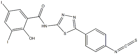 2-Hydroxy-3,5-diiodo-N-[5-[4-isothiocyanatophenyl]-1,3,4-thiadiazol-2-yl]benzamide 구조식 이미지