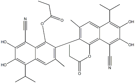 1,1'-Bis(propanoyloxy)-6,6',7,7'-tetrahydroxy-5,5'-diisopropyl-3,3'-dimethyl-2,2'-binaphthalene-8,8'-dicarbonitrile 구조식 이미지