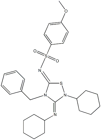 2-Cyclohexyl-3-cyclohexylimino-4-benzyl-5-(4-methoxyphenyl)sulfonylimino-1,2,4-thiadiazolidine 구조식 이미지