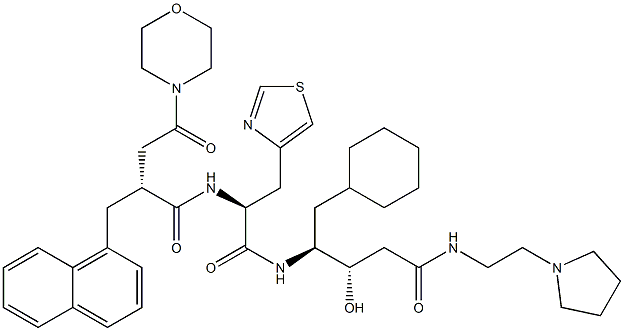 (3S,4S)-3-Hydroxy-5-cyclohexyl-4-[[(2S)-3-(4-thiazolyl)-2-[[(2R)-2-[morpholinocarbonylmethyl]-3-(1-naphthalenyl)propionyl]amino]propionyl]amino]-N-[2-(1-pyrrolidinyl)ethyl]valeramide 구조식 이미지