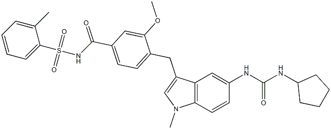 4-[5-(3-Cyclopentylureido)-1-methyl-1H-indol-3-ylmethyl]-3-methoxy-N-(2-methylphenylsulfonyl)benzamide 구조식 이미지