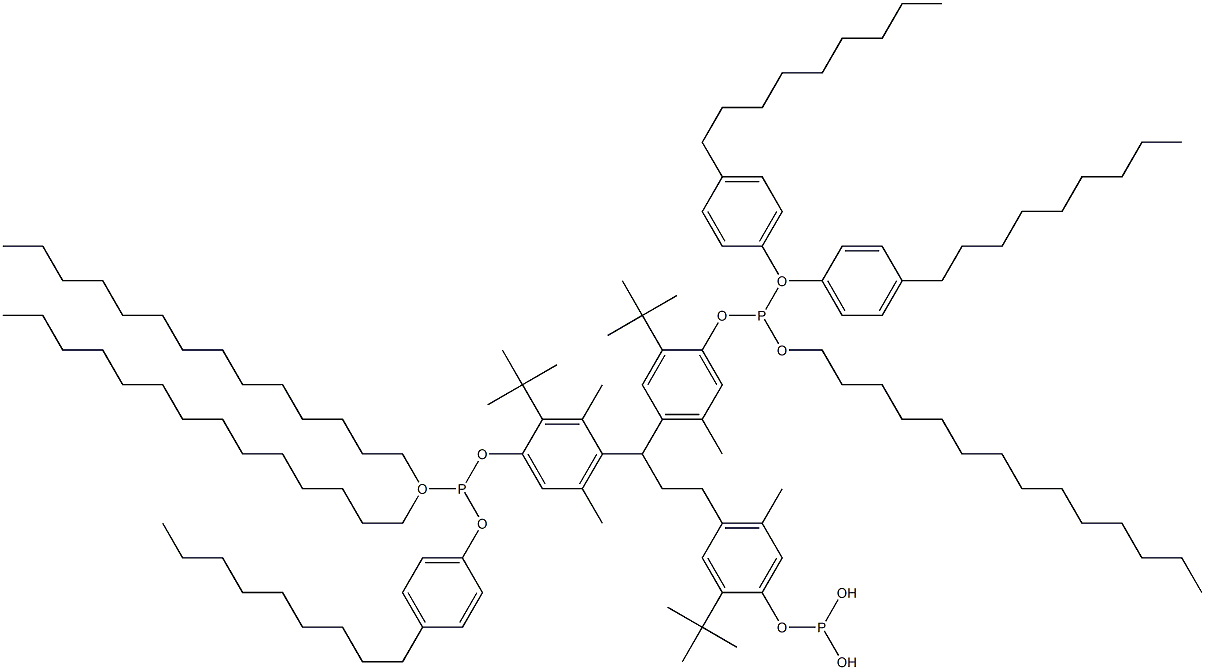 [3-Methyl-1,1,3-propanetriyltris(2-tert-butyl-5-methyl-4,1-phenyleneoxy)]tris(phosphonous acid)O,O',O'-tritetradecyl O,O'',O''-tris(4-nonylphenyl) ester 구조식 이미지