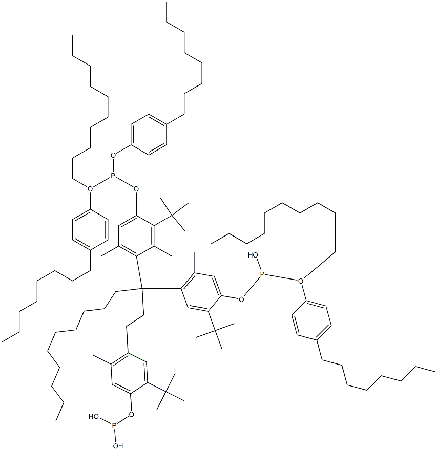 [3-Methyl-1,1,3-propanetriyltris(2-tert-butyl-5-methyl-4,1-phenyleneoxy)]tris(phosphonous acid)O,O',O''-tri(decyl)O,O',O''-tris(4-octylphenyl) ester 구조식 이미지