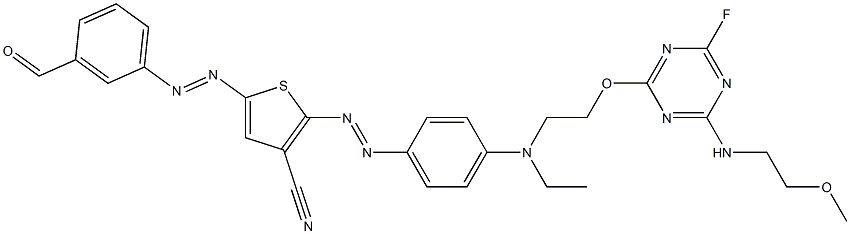 2-[4-[N-Ethyl-N-[2-[4-fluoro-6-(2-methoxyethylamino)-1,3,5-triazin-2-yloxy]ethyl]amino]phenylazo]-5-(3-formylphenylazo)-3-thiophenecarbonitrile 구조식 이미지