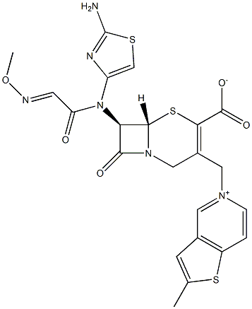 (7R)-7-[(2-Amino-4-thiazolyl)(methoxyimino)acetylamino]-3-[[(2-methylthieno[3,2-c]pyridin-5-ium)-5-yl]methyl]cepham-3-ene-4-carboxylic acid 구조식 이미지
