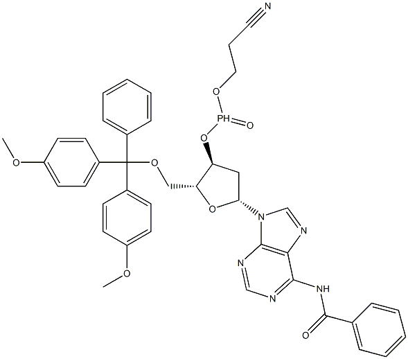 N-Benzoyl-3'-O-(2-cyanoethoxyphosphinyl)-5'-O-(4,4'-dimethoxytrityl)-2'-deoxyadenosine Structure