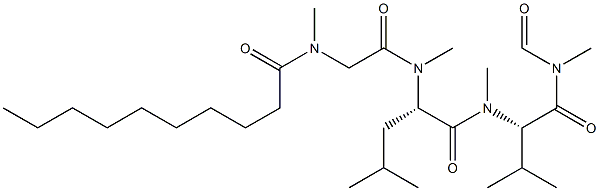 (2S)-N,3-Dimethyl-N-formyl-2-[methyl[(S)-4-methyl-2-[methyl[[methyl(1-oxodecyl)amino]acetyl]amino]valeryl]amino]butyramide 구조식 이미지