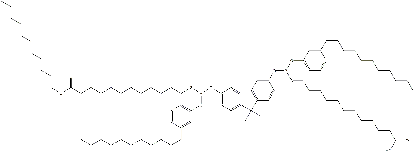 12,12'-[[Isopropylidenebis(4,1-phenyleneoxy)]bis[[(3-undecylphenyl)oxy]phosphinediylthio]]bis(dodecanoic acid undecyl) ester 구조식 이미지