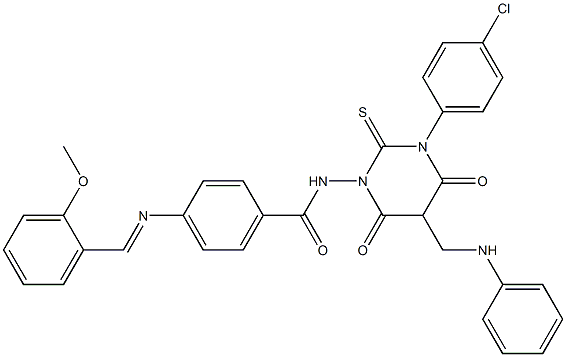 4-(2-Methoxybenzylideneamino)-N-[[hexahydro-4,6-dioxo-2-thioxo-3-(4-chlorophenyl)-5-(phenylaminomethyl)pyrimidin]-1-yl]benzamide 구조식 이미지