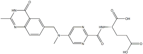 (2S)-2-[5-[N-Methyl-N-[[(3,4-dihydro-2-methyl-4-oxoquinazolin)-6-yl]methyl]amino]-2-pyrimidinylcarbonylamino]glutaric acid 구조식 이미지