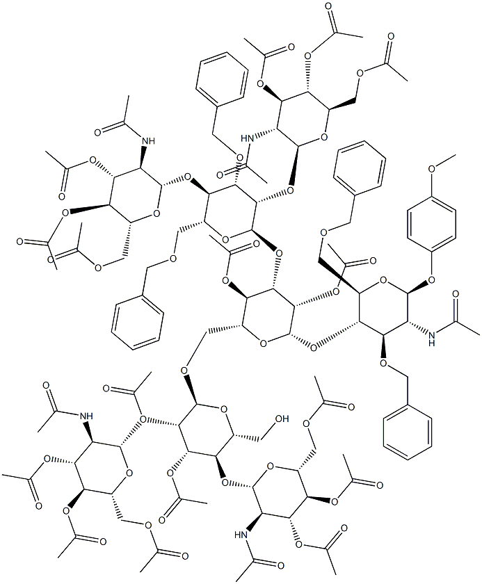 4-Methoxyphenyl 2-acetamido-3,6-di-O-benzyl-4-O-{2,4-di-O-acetyl-3-O-[3,6-di-O-benzyl-2,4-di-O-(3,4,6-tri-O-acetyl-2-acetamido-2-deoxy-b-D-glucopyranosyl)-a-D-mannopyranosyl]-6-O-[2,3-di-O-acetyl-2,4-di-O-(3,4,6-tri-O-acetyl-2-acetamido-2-deoxy-b-D-glucopyranosyl)-a-D-mannopyranosyl]-b-D-mannopyranosyl}-2-deoxy-b-D-glucopyranoside 구조식 이미지