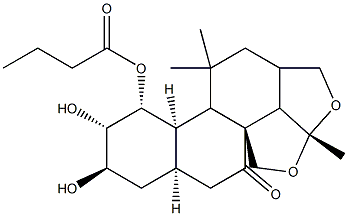 (3R,3aα,5aα,9aβ,11aα,12R)-3β,3bβ-(Epoxymethano)-4α,5α,12-trihydroxy-3a,3b,4,5,5a,6,7,8,9,9a,9bα,10,11,11a-tetradecahydro-6,6,9a-trimethylphenanthro[1,2-c]furan-1(3H)-one 5-butyrate 구조식 이미지