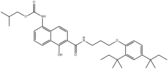 N-[3-(2,4-di-(1,1-dimethyl-propyl)phenoxy)-propyl]-1-hydroxy-5-(2-methylpropyl-oxycarbonylamino)-naphthamide Structure